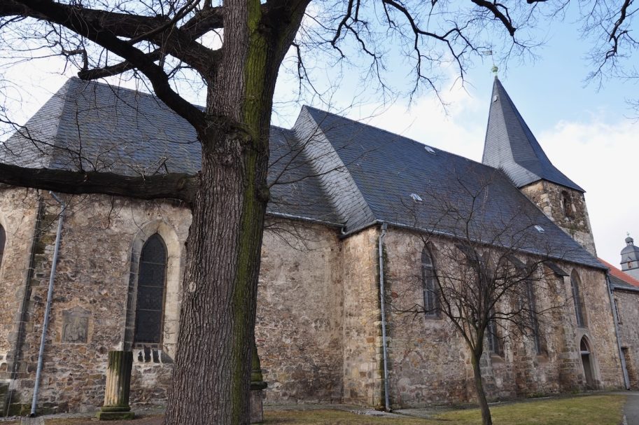 Historische Kirche mit grauem Dach und hohen Türmen, umgeben von Bäumen.