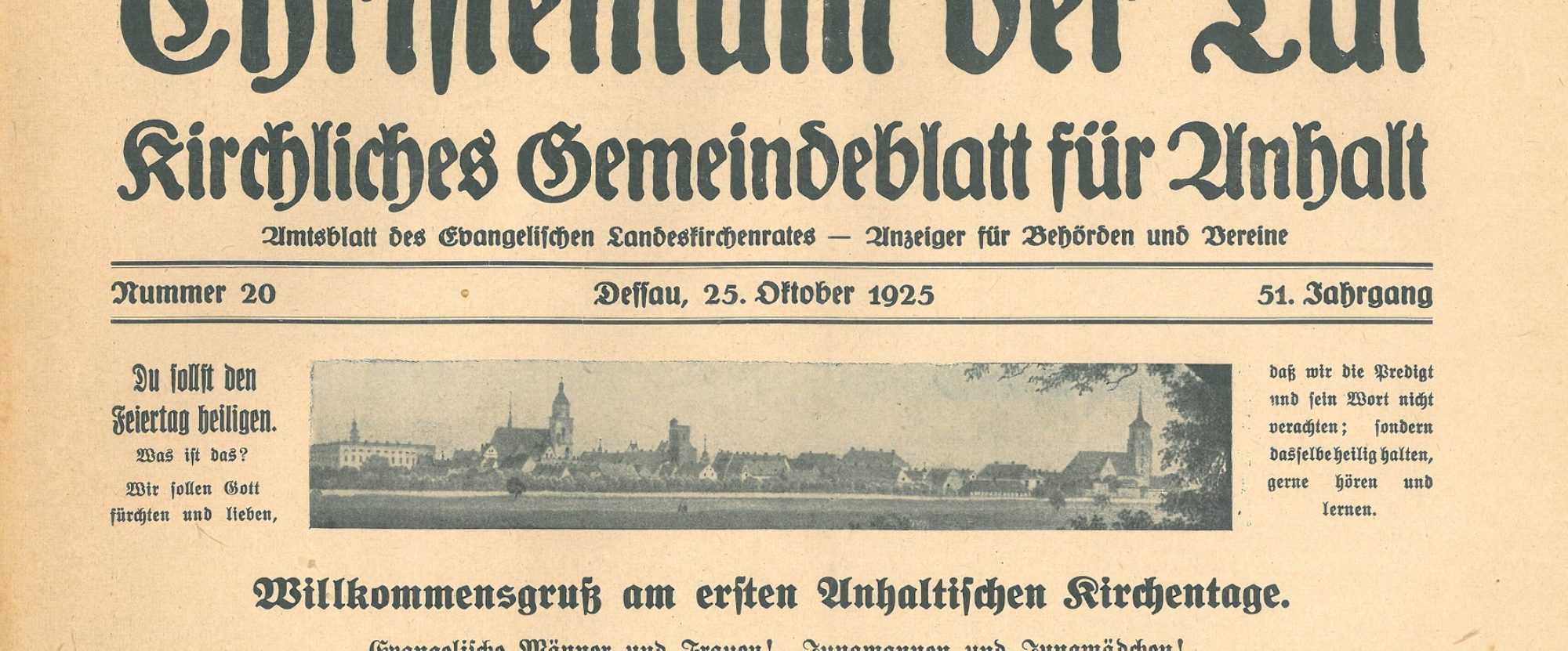 Historische Kirchenzeitschrift mit Titel und Druckdatum oben. Bilder von Kirchen im unteren Bereich.